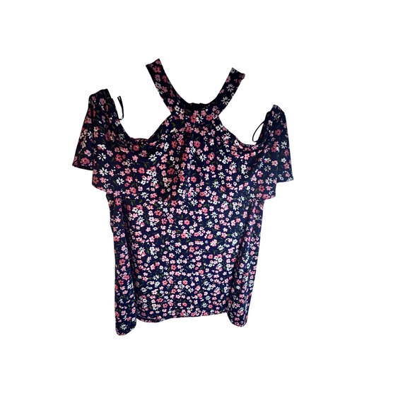Michael Kors Tops - Michael Kors Womens XL Floral Cold Shoulder Blouse Navy Pink Halter Top